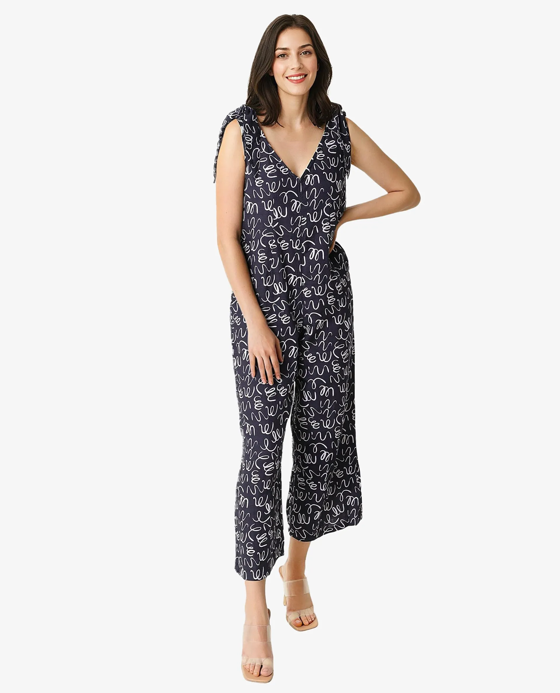 Rareism Women Skoda Black Cotton Fabric Tailored Fit Ankle Length Abstract Print Jumpsuit
