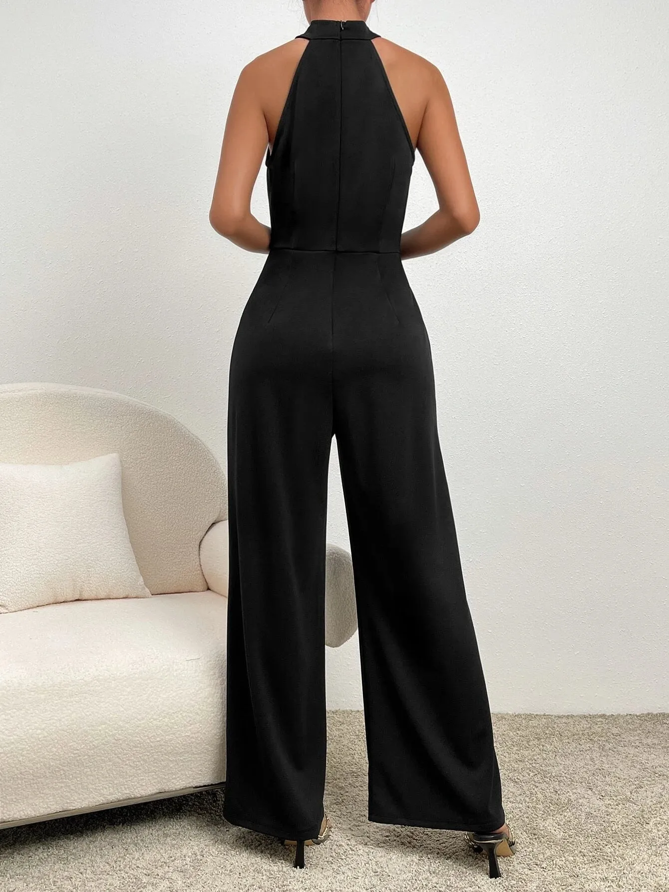 SHEIN Zipper Back Halter Neck Wide Leg Jumpsuit