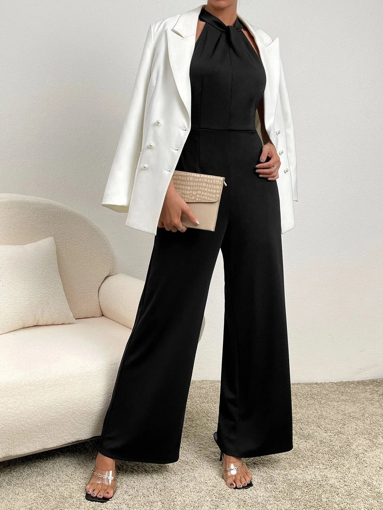 SHEIN Zipper Back Halter Neck Wide Leg Jumpsuit