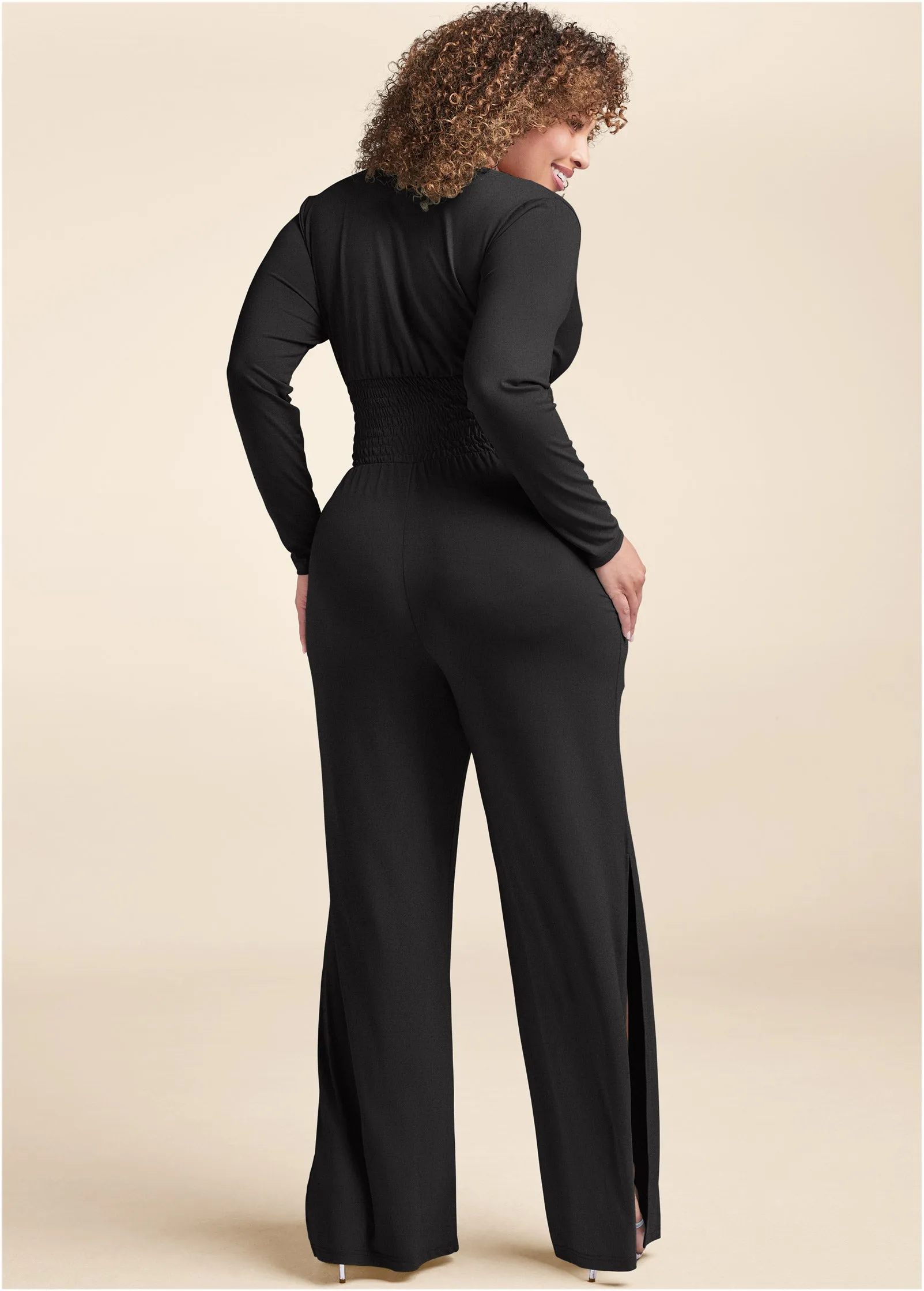 Smocked Waist Jumpsuit - Black