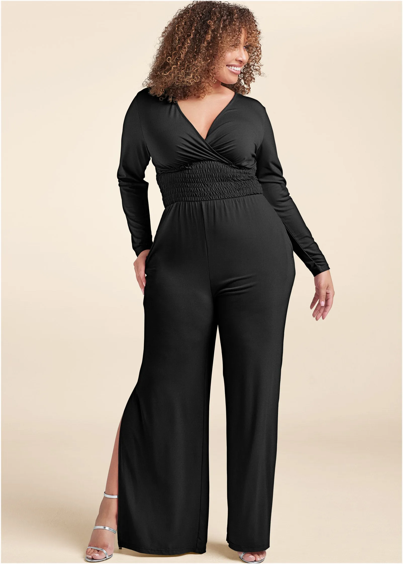 Smocked Waist Jumpsuit - Black
