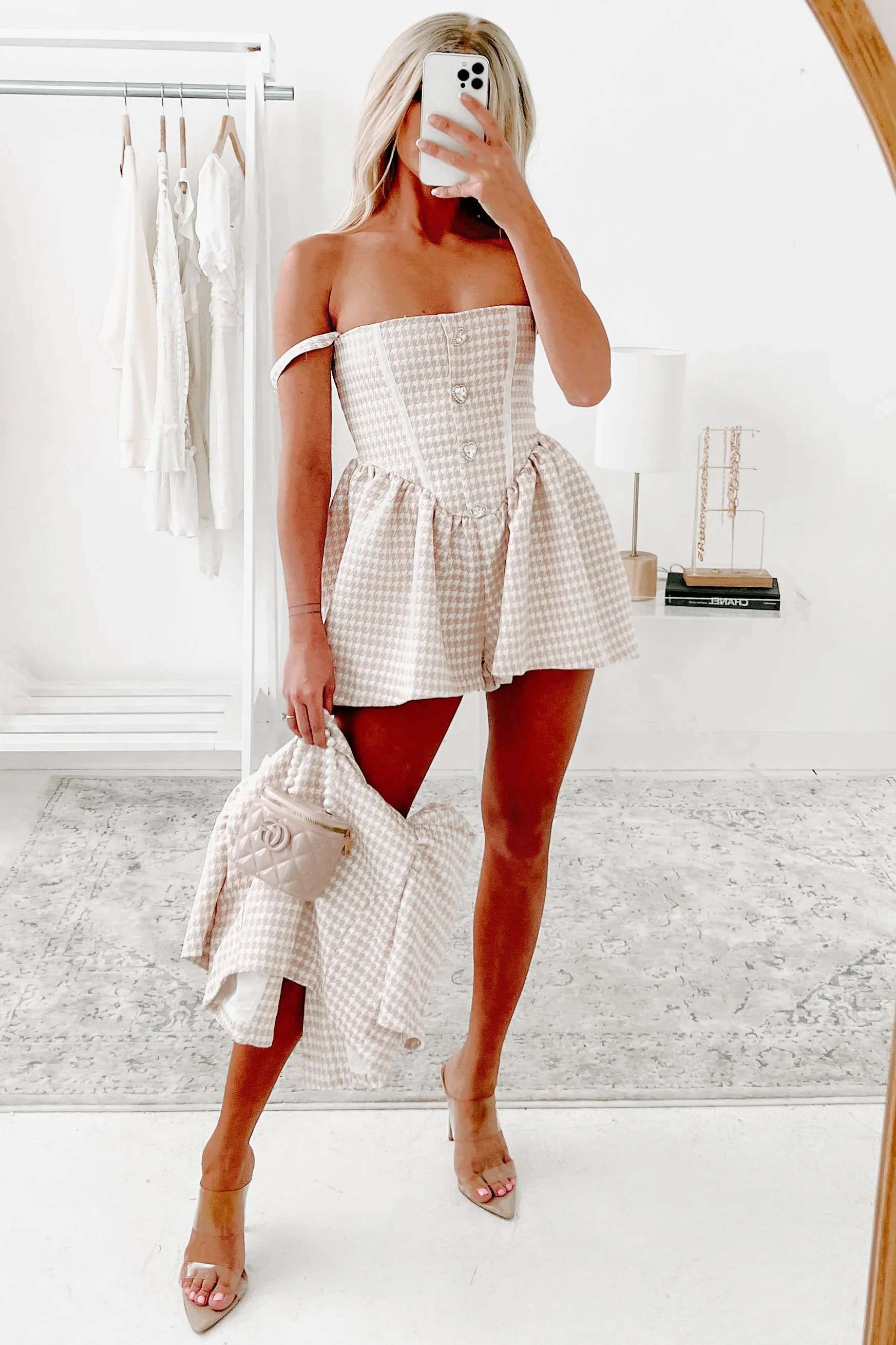 Solving Mysteries Houndstooth Two-Piece Romper Set (Nude)