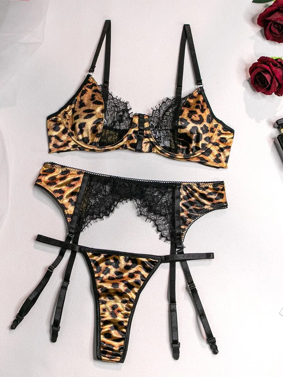 Stitched Leopard Print Sexy Lingerie 3 Piece Set MSL029
