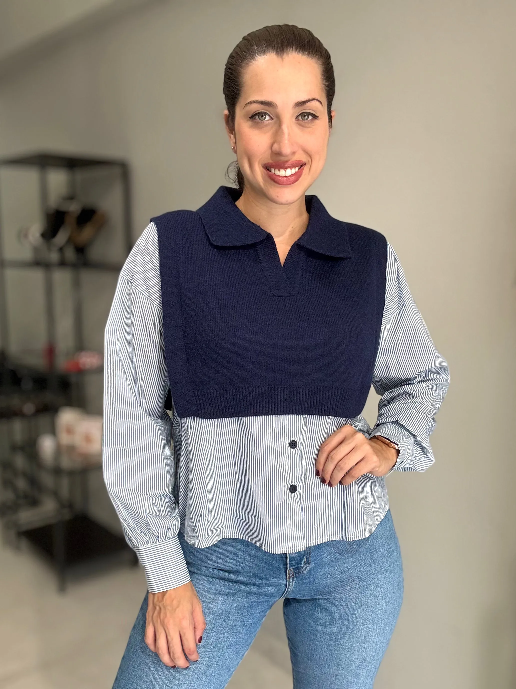 Stripes Knitted Vest Blouse | NAVY