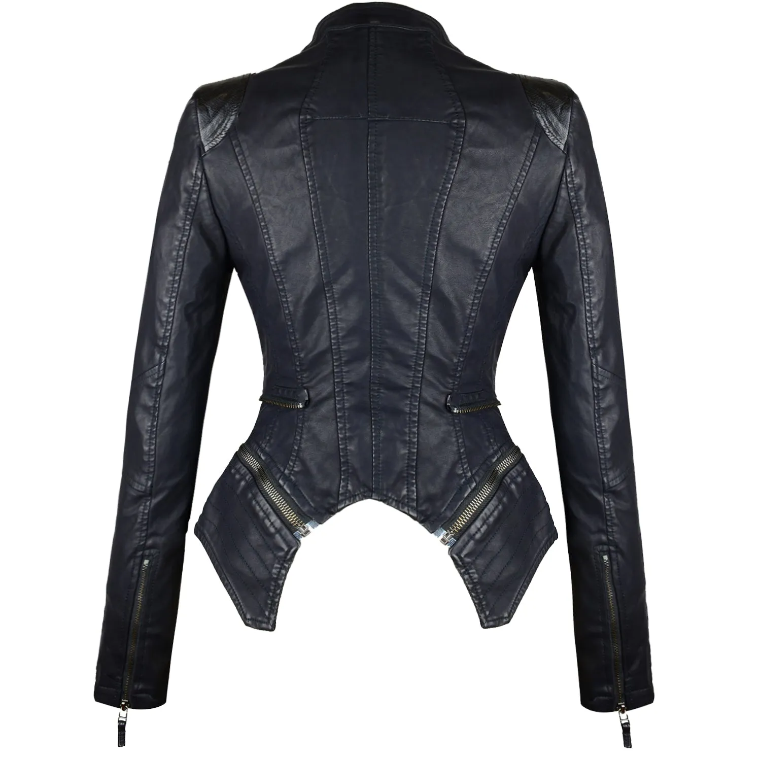 Studded Double Lapels Faux Leather Biker Jacket