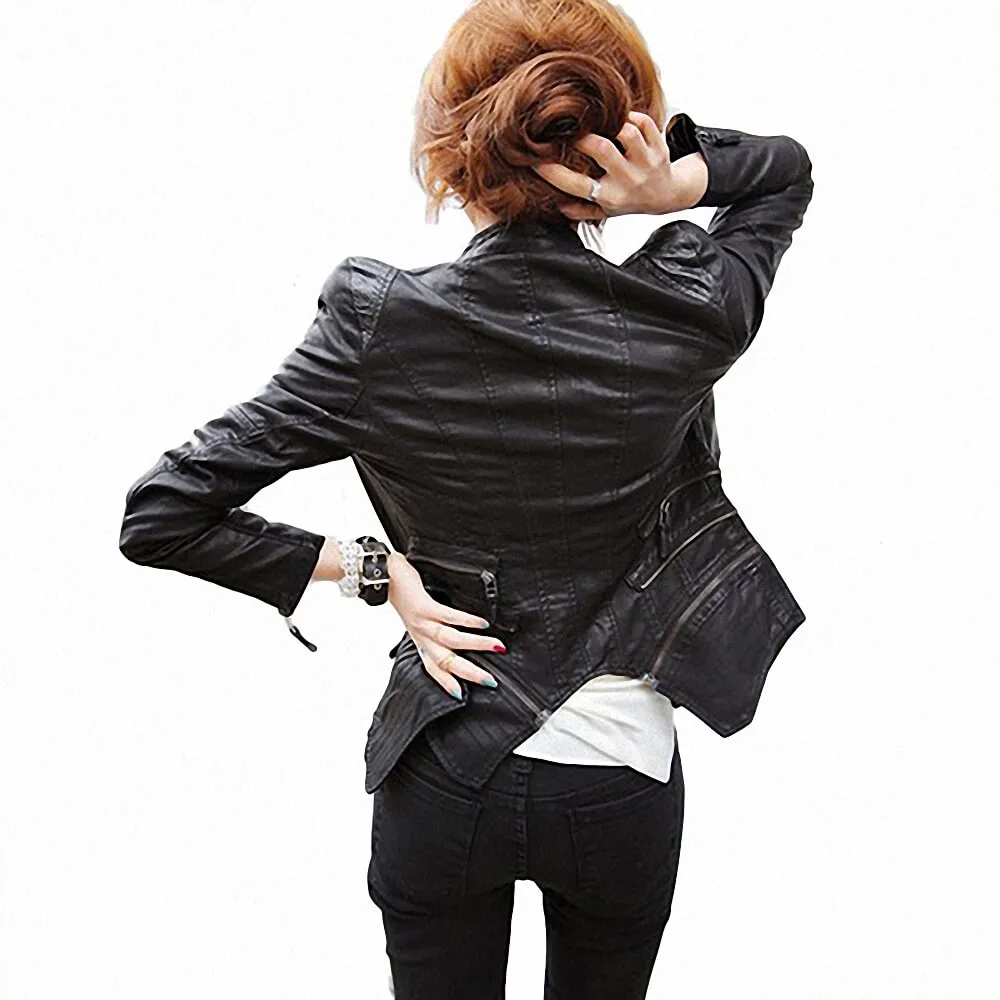 Studded Double Lapels Faux Leather Biker Jacket