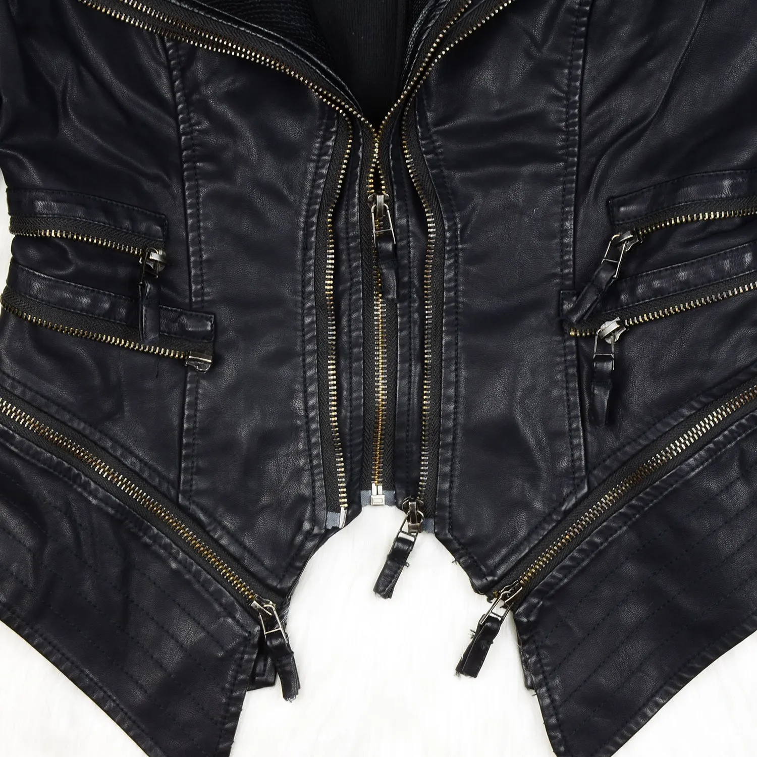 Studded Double Lapels Faux Leather Biker Jacket
