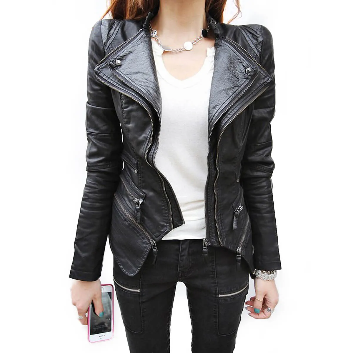 Studded Double Lapels Faux Leather Biker Jacket