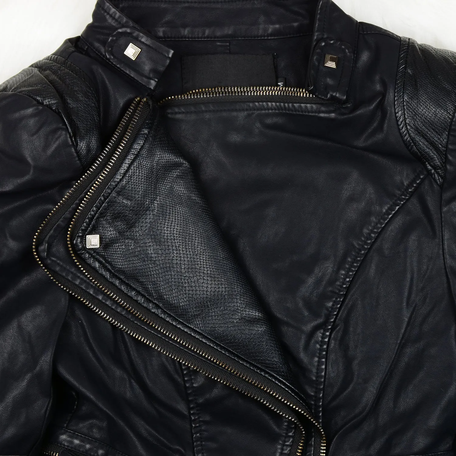 Studded Double Lapels Faux Leather Biker Jacket