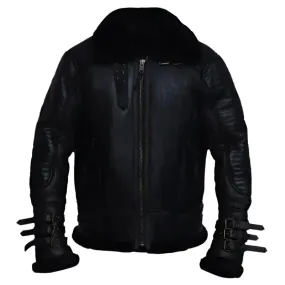 Stylish Men's Black Biker Shearling Jacket - Bold & Warm