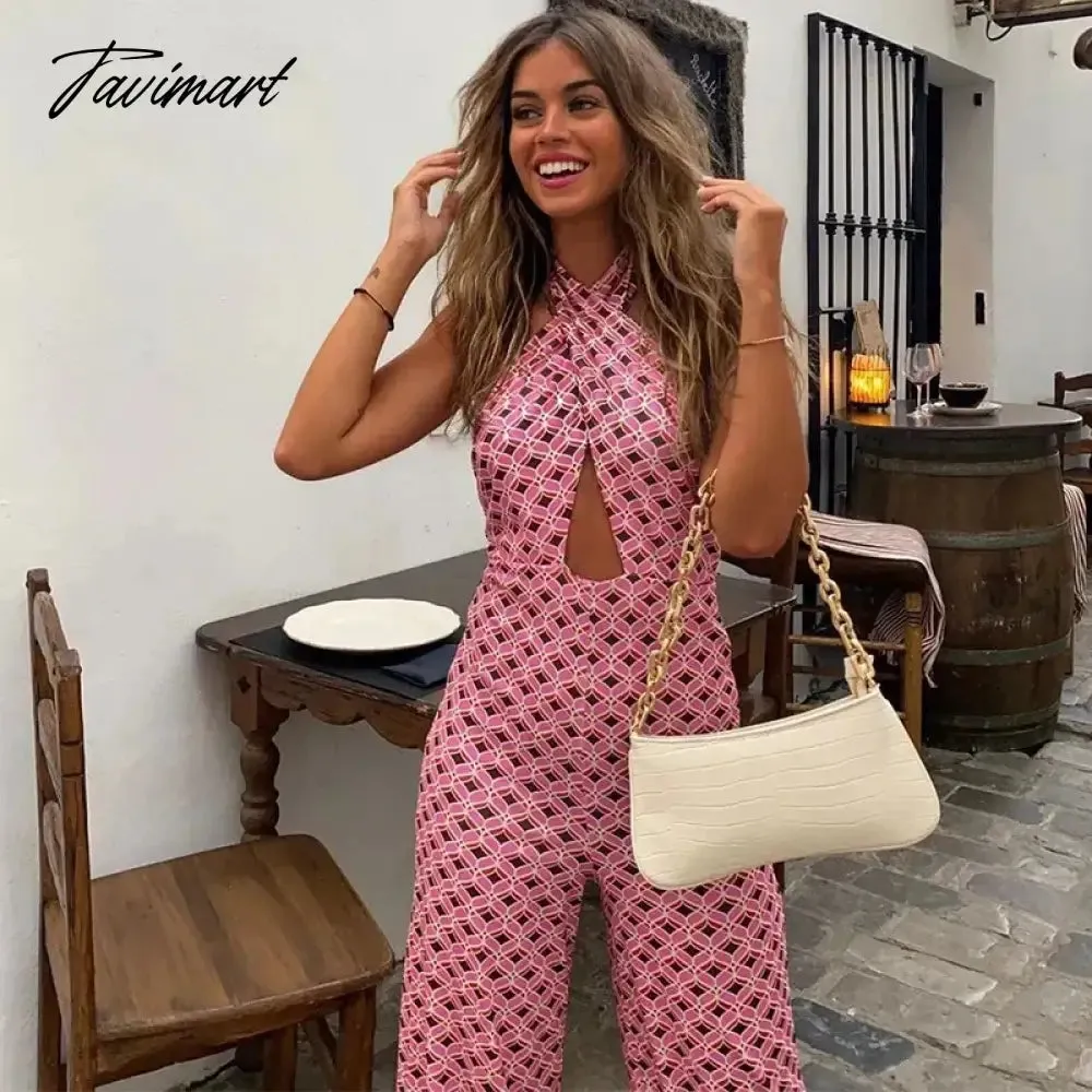 TAVIMART -  Elegant Hollow Out Floral Print Summer Jumpsuit Women Sexy Backless High Waist Slim Flared Trousers