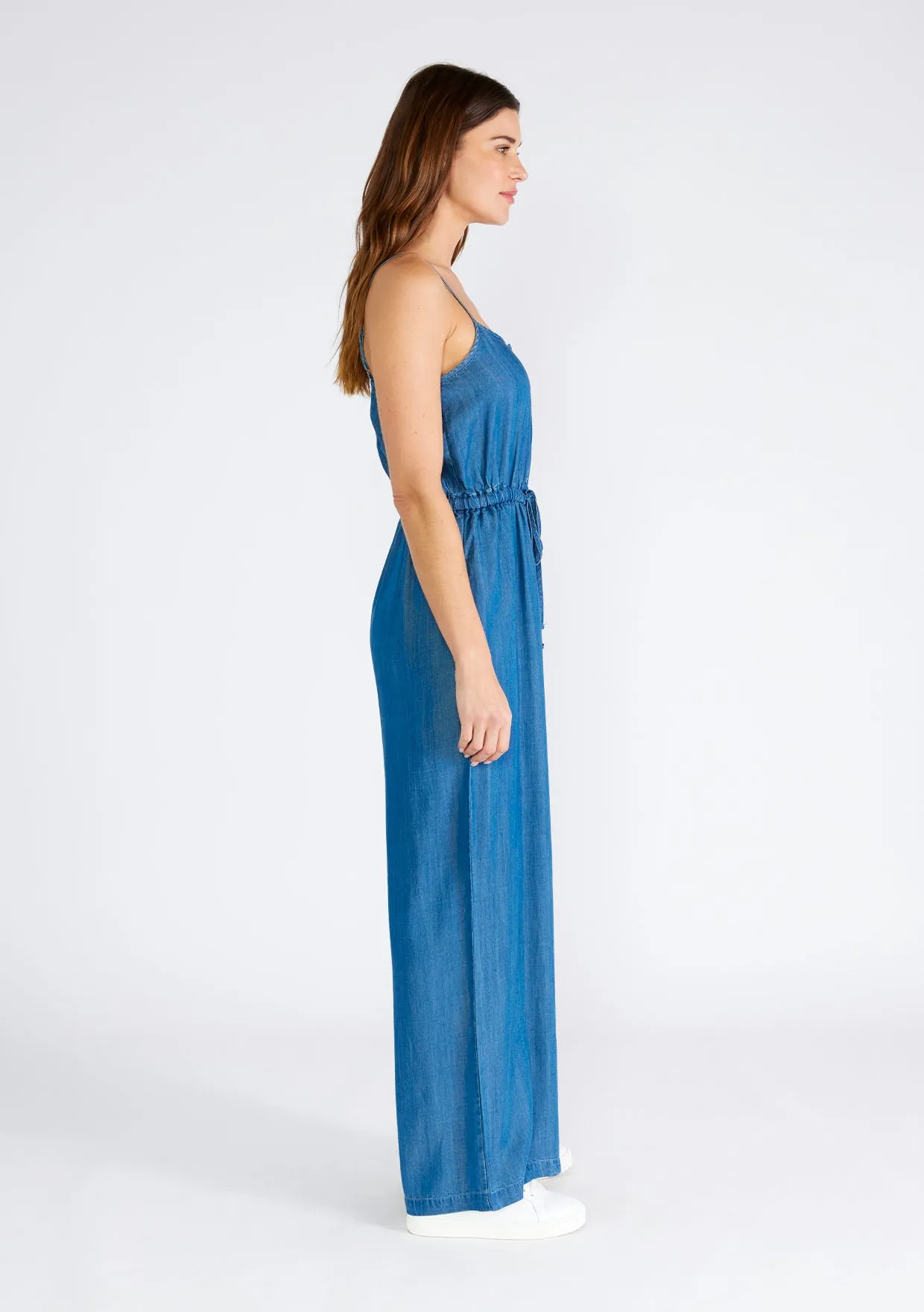 Tencel Sleeveless Button Front Wide Leg Jumpsuit