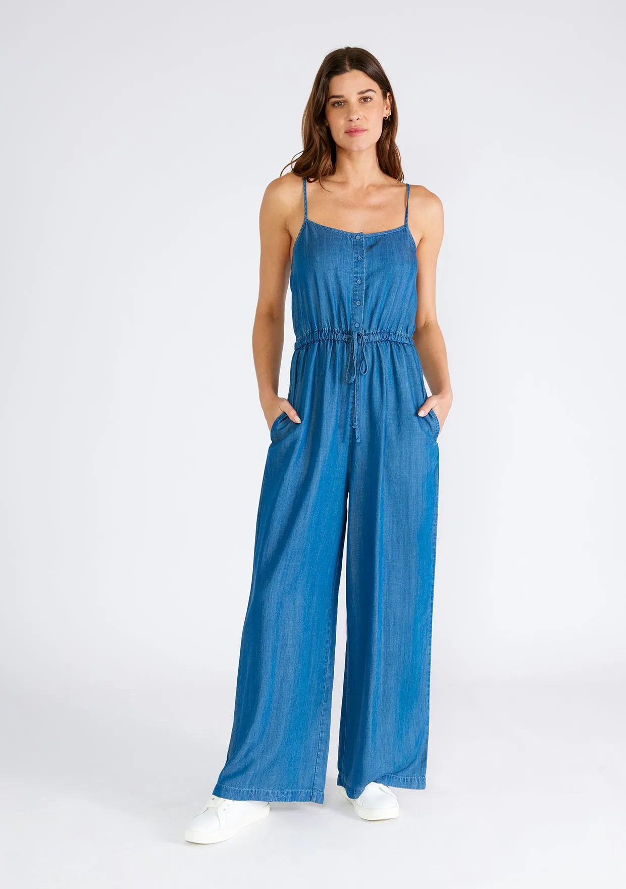 Tencel Sleeveless Button Front Wide Leg Jumpsuit