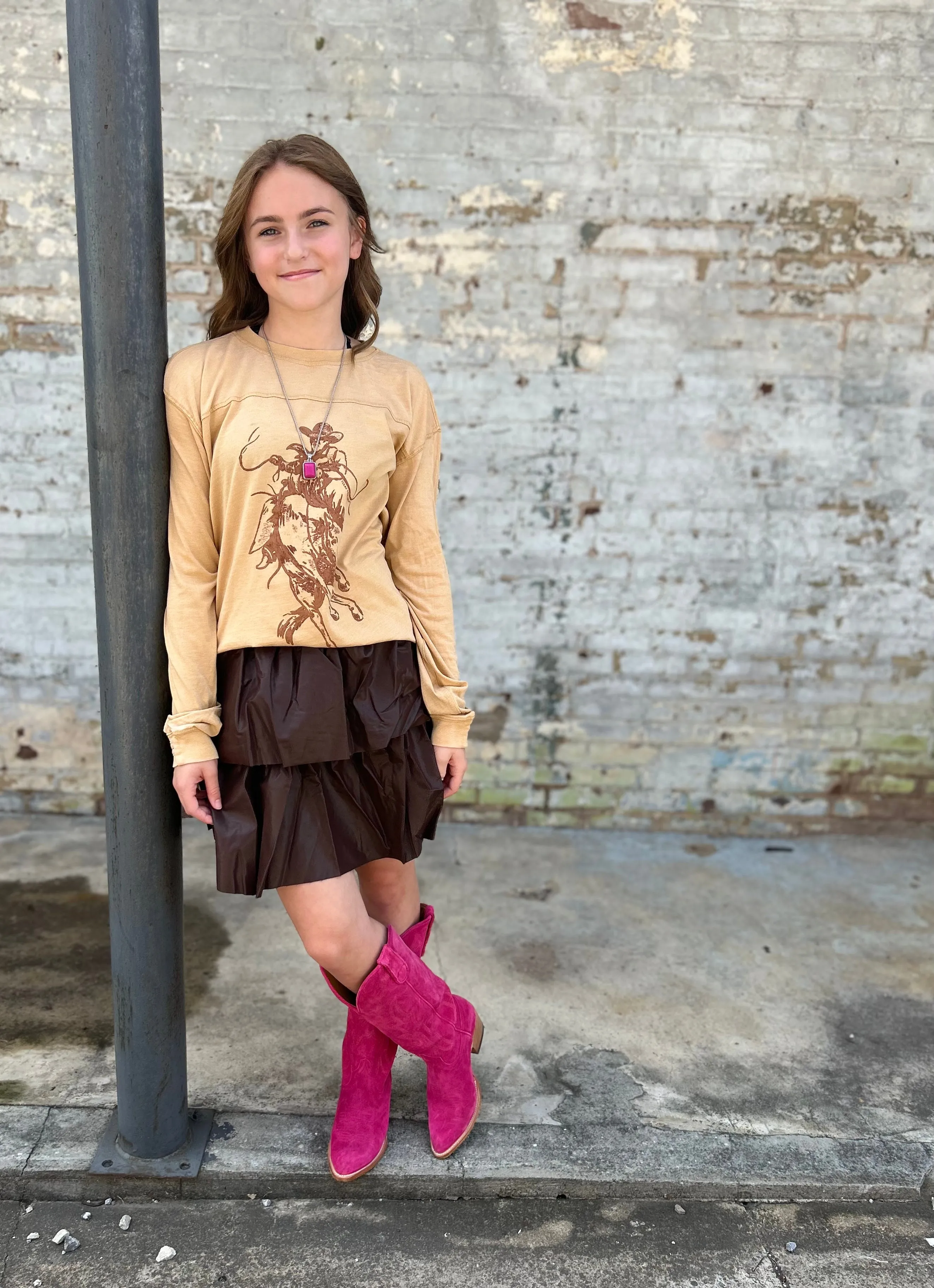 The Queen Creek Ruffle Skirt in Brown S-L