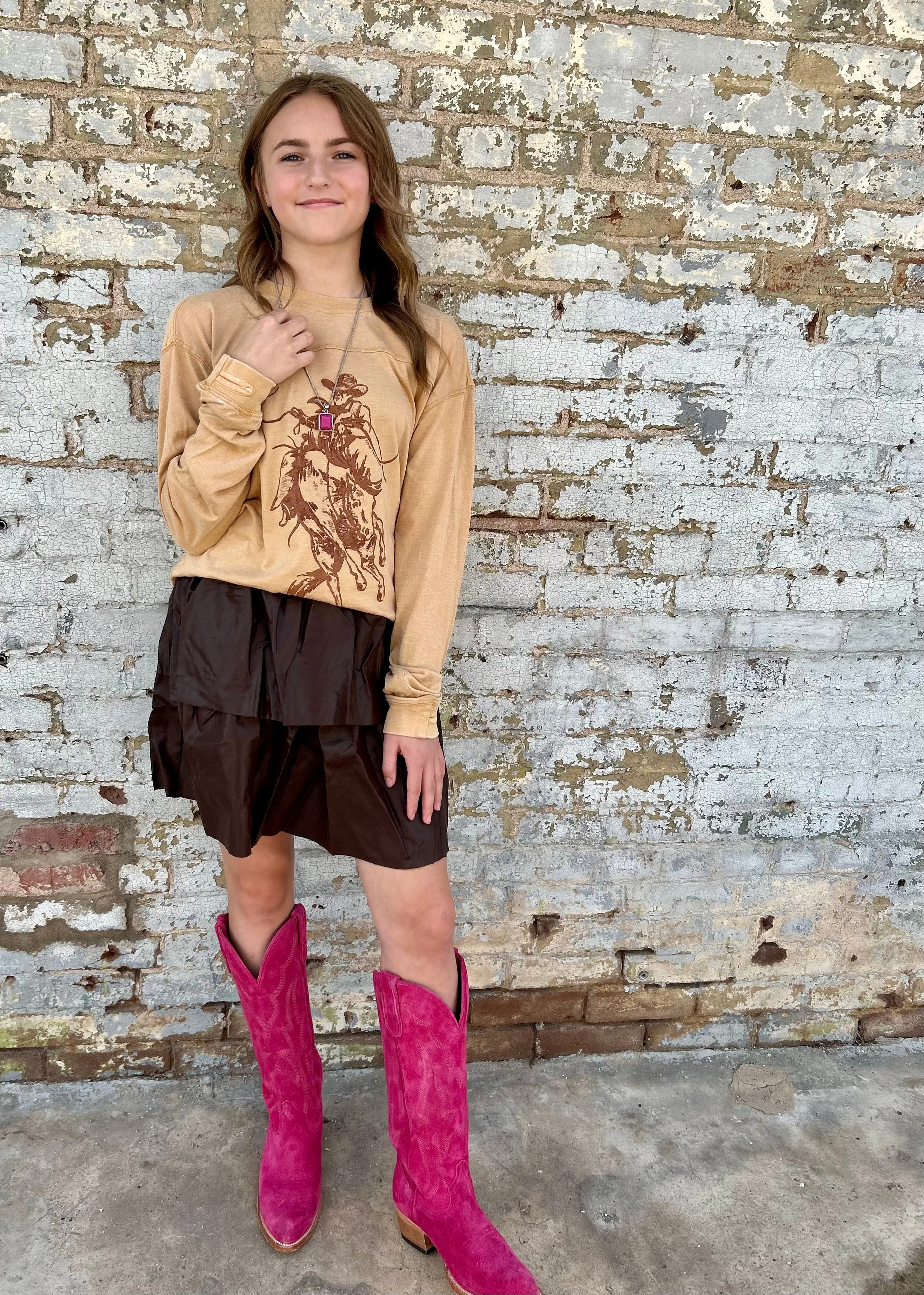 The Queen Creek Ruffle Skirt in Brown S-L
