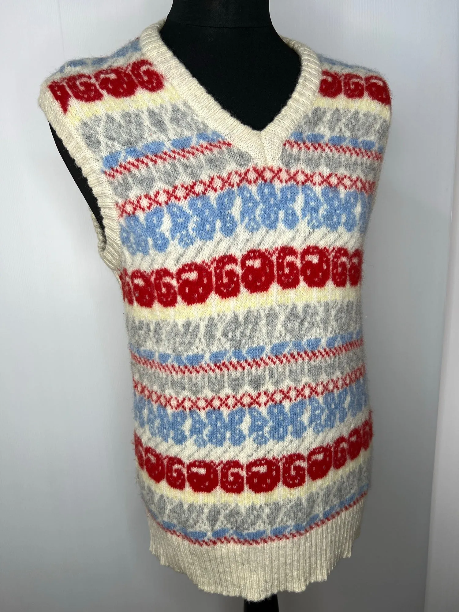 Vintage 1970s Patterned Wool V Neck Tank Top in Cream - Size L