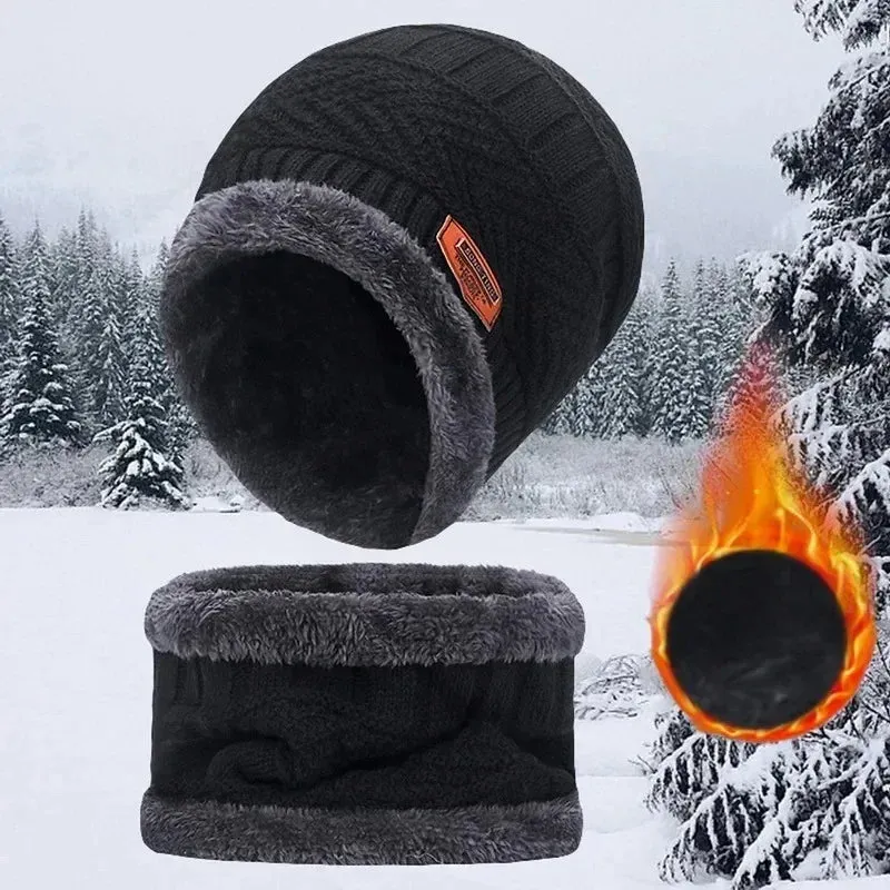 Winter Fleece Scarf & Hat Set Thick Plush Warm Beanie Wool Knit Caps for Men & Women Outdoor Cycling Ski Cold Protection Neck Mask Hat
