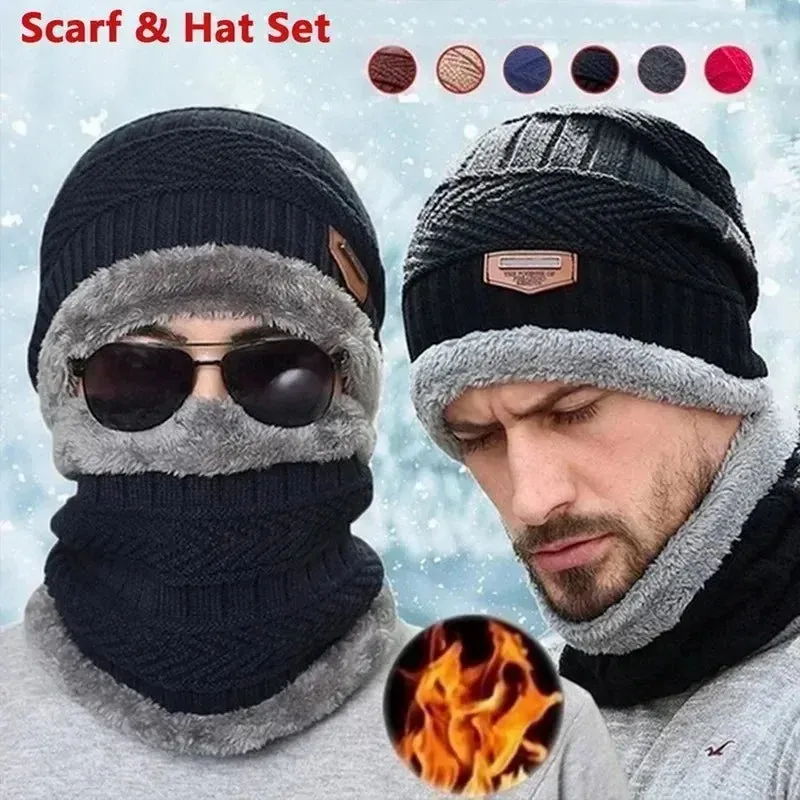 Winter Fleece Scarf & Hat Set Thick Plush Warm Beanie Wool Knit Caps for Men & Women Outdoor Cycling Ski Cold Protection Neck Mask Hat