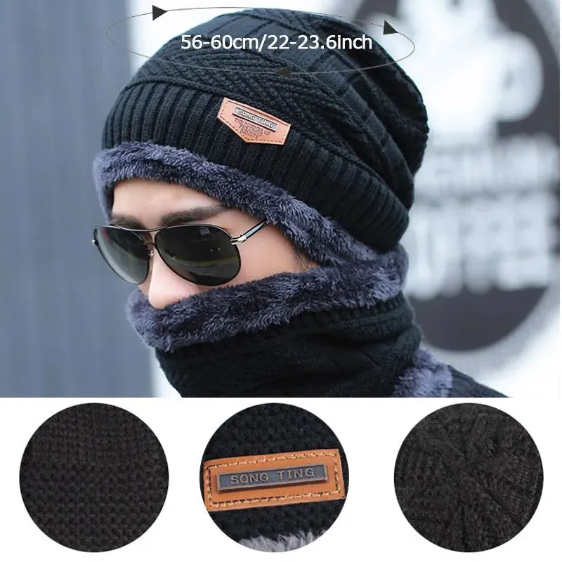 Winter Fleece Scarf & Hat Set Thick Plush Warm Beanie Wool Knit Caps for Men & Women Outdoor Cycling Ski Cold Protection Neck Mask Hat