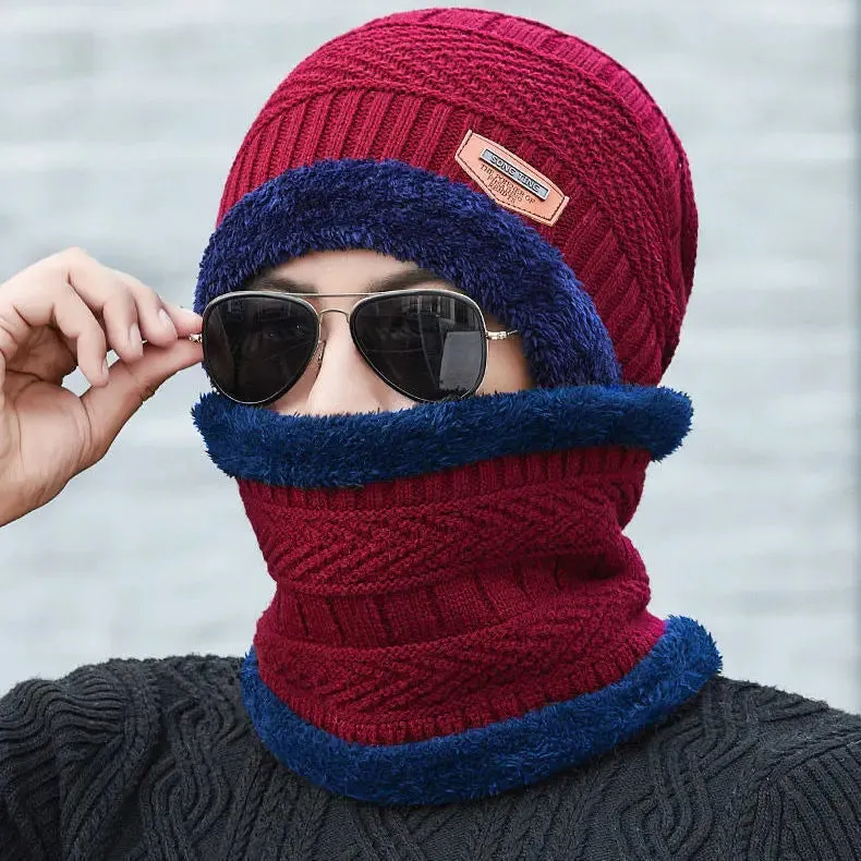 Winter Fleece Scarf & Hat Set Thick Plush Warm Beanie Wool Knit Caps for Men & Women Outdoor Cycling Ski Cold Protection Neck Mask Hat