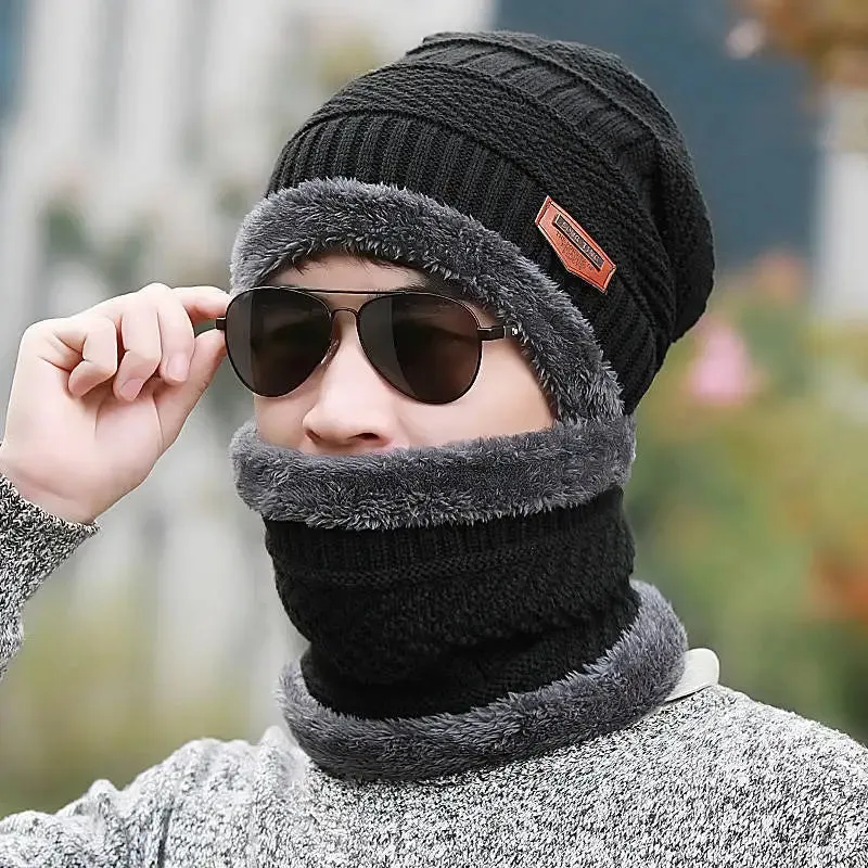 Winter Fleece Scarf & Hat Set Thick Plush Warm Beanie Wool Knit Caps for Men & Women Outdoor Cycling Ski Cold Protection Neck Mask Hat
