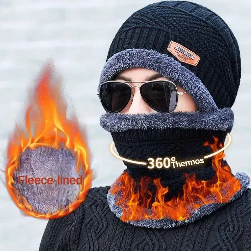 Winter Fleece Scarf & Hat Set Thick Plush Warm Beanie Wool Knit Caps for Men & Women Outdoor Cycling Ski Cold Protection Neck Mask Hat