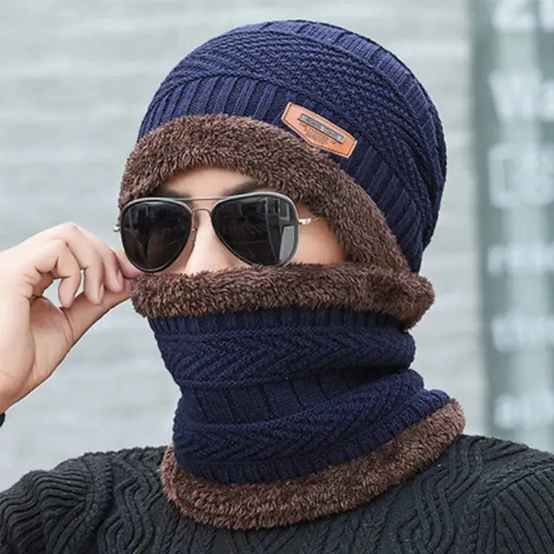 Winter Fleece Scarf & Hat Set Thick Plush Warm Beanie Wool Knit Caps for Men & Women Outdoor Cycling Ski Cold Protection Neck Mask Hat