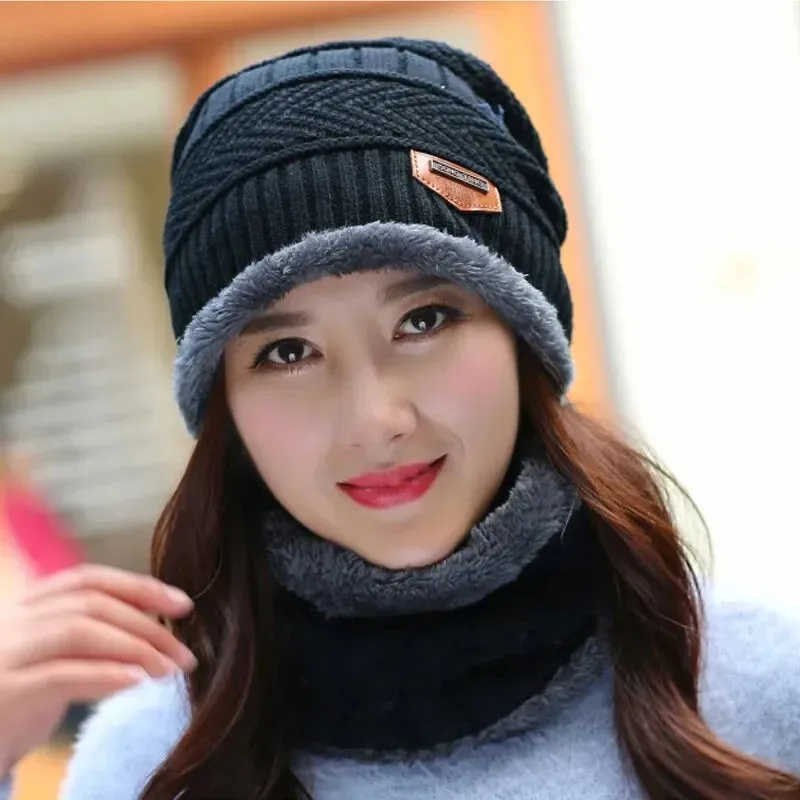 Winter Fleece Scarf & Hat Set Thick Plush Warm Beanie Wool Knit Caps for Men & Women Outdoor Cycling Ski Cold Protection Neck Mask Hat