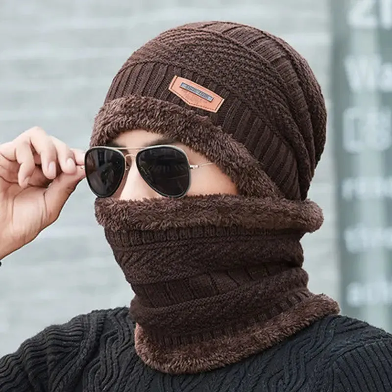 Winter Fleece Scarf & Hat Set Thick Plush Warm Beanie Wool Knit Caps for Men & Women Outdoor Cycling Ski Cold Protection Neck Mask Hat