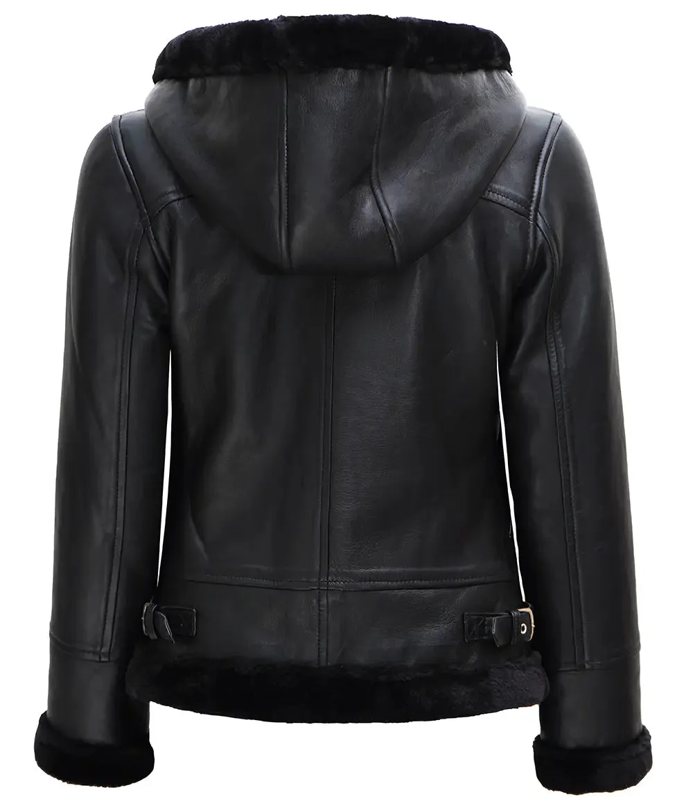 Women's Black Real Leather Hooded Shearling Jacket