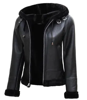 Women's Black Real Leather Hooded Shearling Jacket