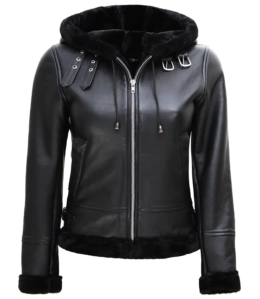 Women's Black Real Leather Hooded Shearling Jacket