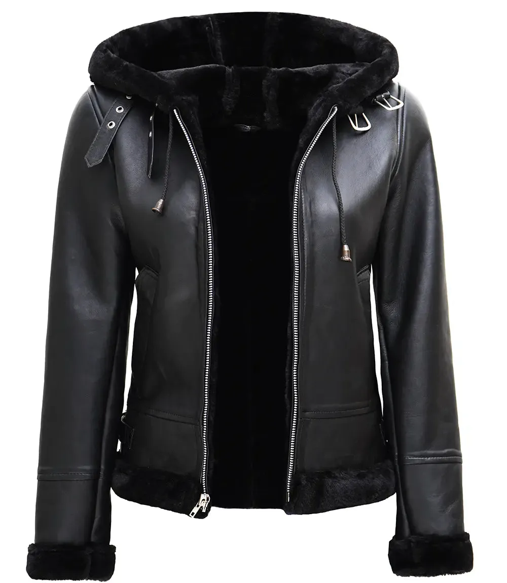 Women's Black Real Leather Hooded Shearling Jacket