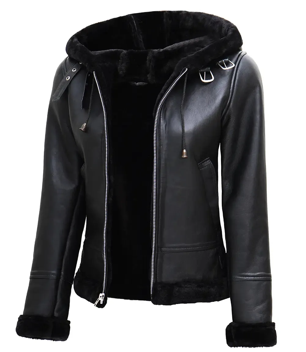 Women's Black Real Leather Hooded Shearling Jacket